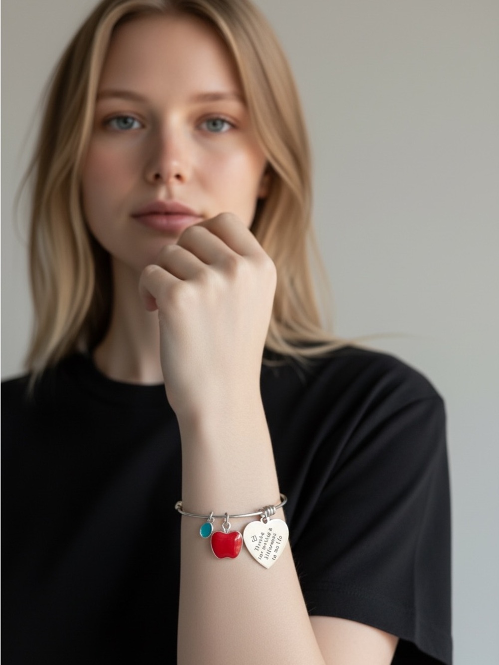 10/21 Silver Charm Bangle Bracelet with Red Apple and Turquoise Charms